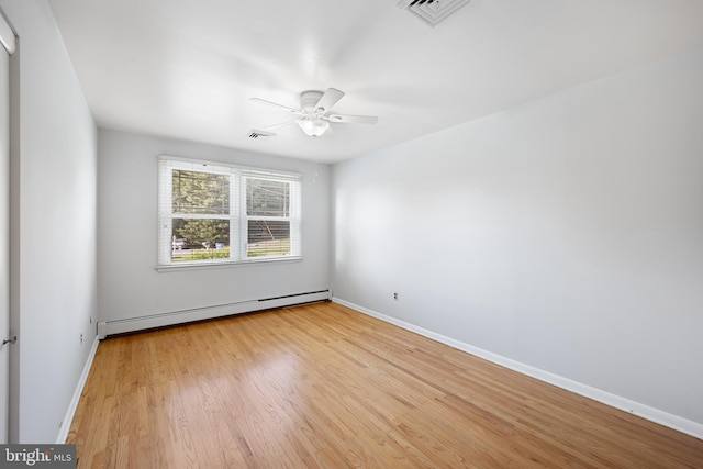 unfurnished room featuring light hardwood / wood-style flooring, ceiling fan, and a baseboard heating unit