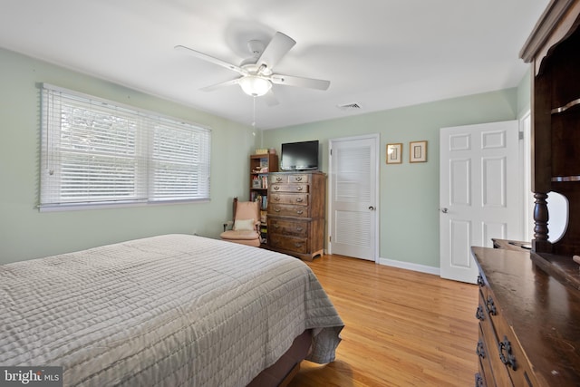 bedroom featuring ceiling fan and light wood-type flooring