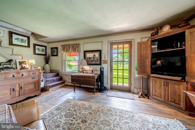 living area featuring crown molding, plenty of natural light, light hardwood / wood-style floors, and a textured ceiling