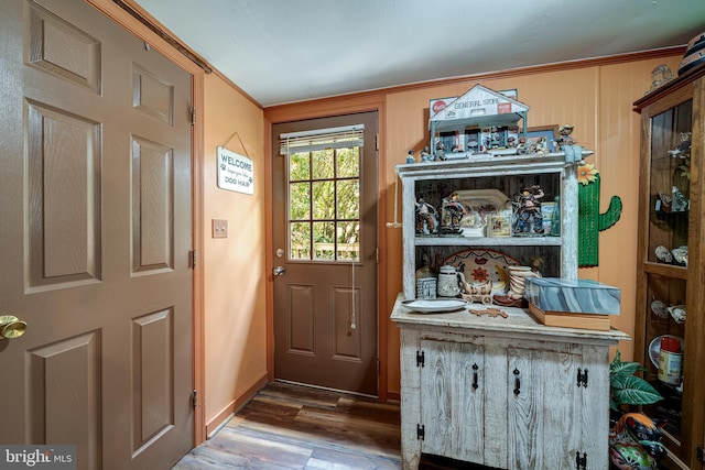 entryway featuring crown molding and dark wood-type flooring