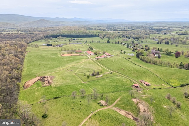 aerial view featuring a mountain view and a rural view