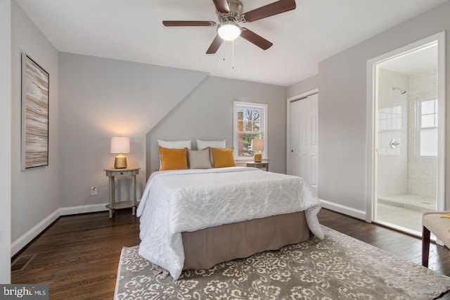 bedroom featuring connected bathroom, ceiling fan, a closet, and dark hardwood / wood-style floors