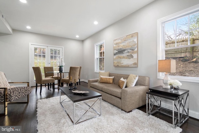 living room with french doors, dark wood-type flooring, and a healthy amount of sunlight