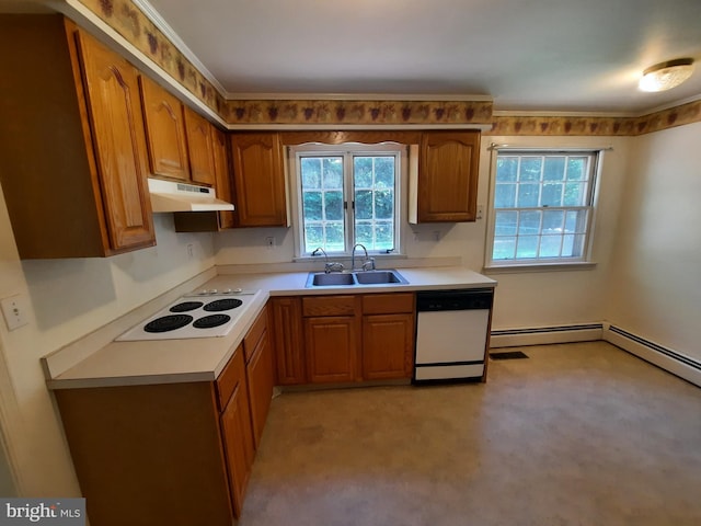 kitchen with crown molding, sink, white appliances, and a baseboard heating unit