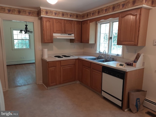 kitchen with white appliances, baseboard heating, a notable chandelier, and sink