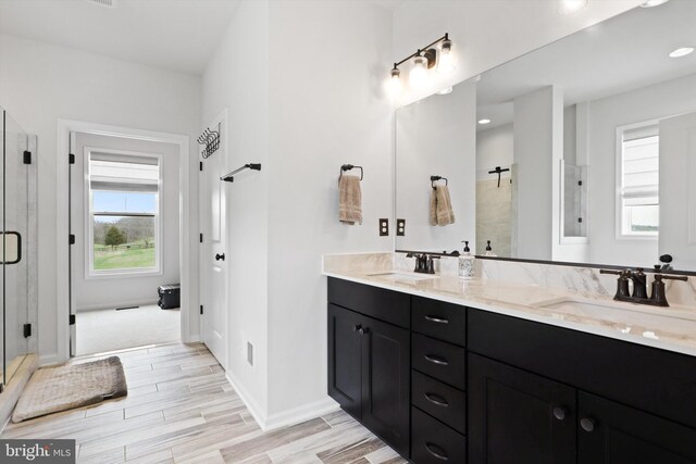 bathroom featuring plenty of natural light, vanity, wood-type flooring, and walk in shower