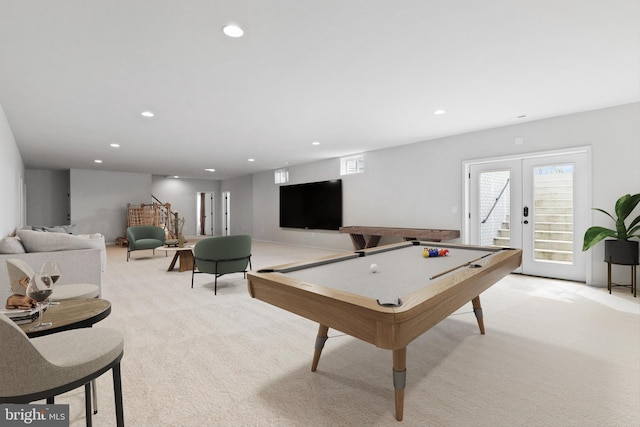 game room featuring light carpet, french doors, and billiards