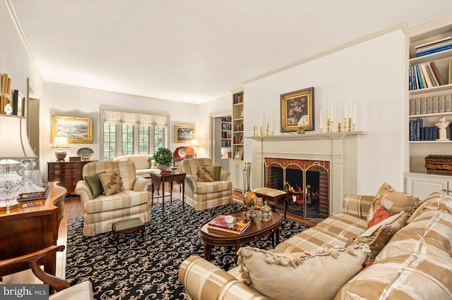 carpeted living room featuring built in features and crown molding