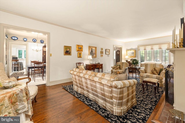 living room with dark hardwood / wood-style flooring