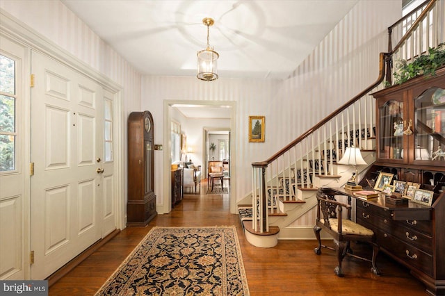 foyer entrance featuring dark hardwood / wood-style floors