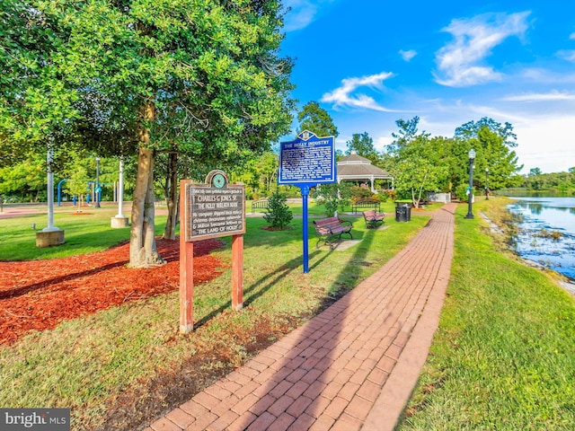 view of property's community featuring a water view and a lawn