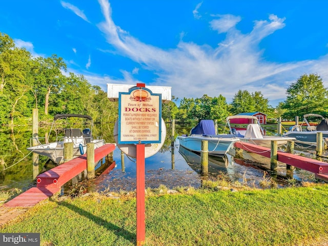 exterior space featuring a dock and a water view