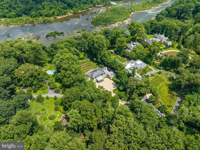 bird's eye view with a water view