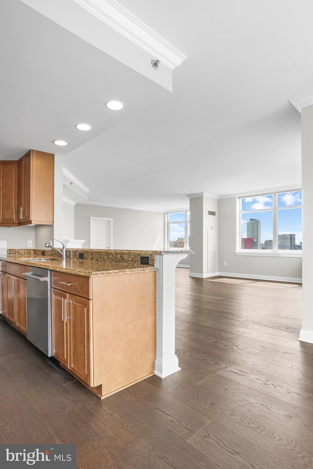 kitchen with dark wood finished floors, stone countertops, open floor plan, dishwasher, and a peninsula