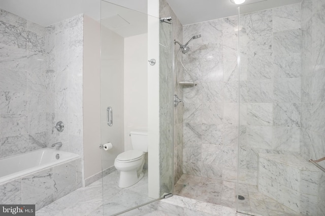 full bath featuring toilet, marble finish floor, a bathtub, and a tile shower