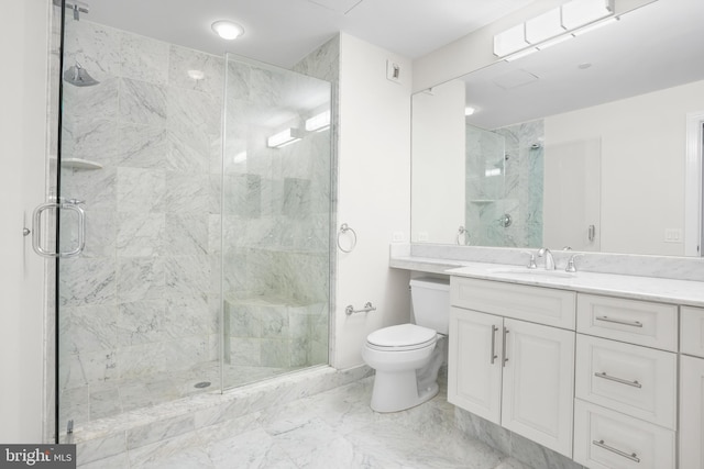 full bath featuring marble finish floor, a shower stall, toilet, and vanity