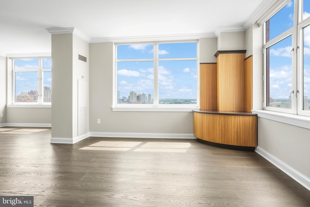 interior space with dark wood-style floors, plenty of natural light, and crown molding