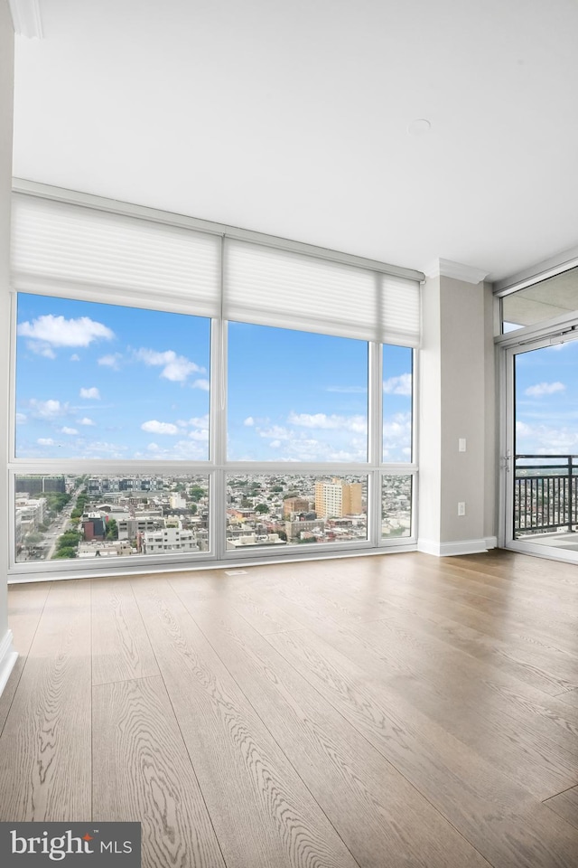 empty room with a wall of windows, wood finished floors, and baseboards