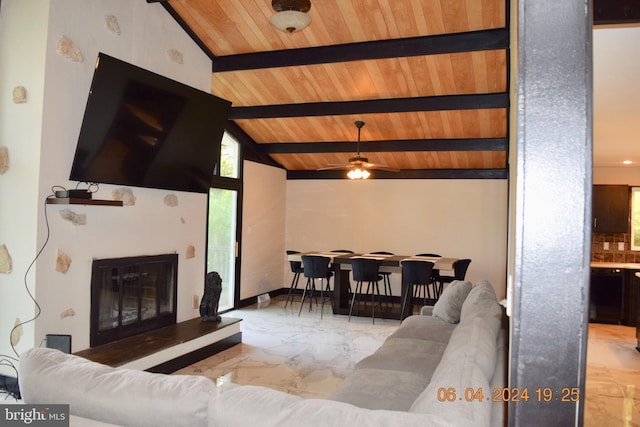 living room featuring vaulted ceiling with beams, ceiling fan, and wood ceiling