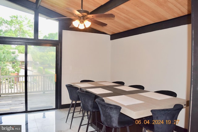 tiled dining space with ceiling fan, wooden ceiling, and lofted ceiling