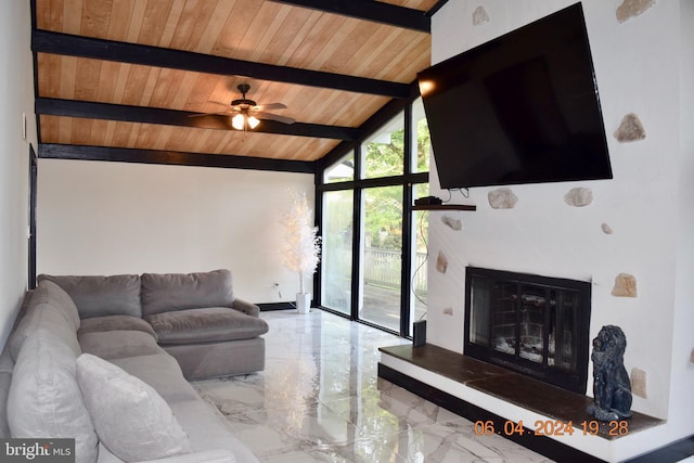 living room featuring beam ceiling, high vaulted ceiling, ceiling fan, and wood ceiling