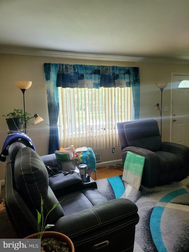 5602 Todd Ave, Baltimore, MD 21206 - living room with crown molding, wood finished floors, and baseboards