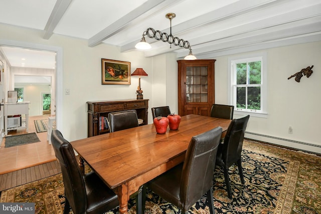 dining room with beamed ceiling, wood-type flooring, a baseboard radiator, and heating unit