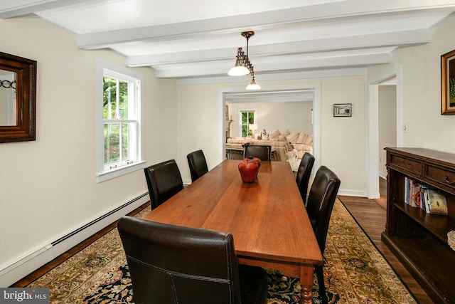 dining area featuring beam ceiling, dark hardwood / wood-style flooring, and baseboard heating