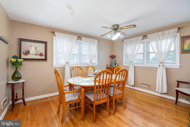 dining area featuring light hardwood / wood-style flooring, plenty of natural light, and ceiling fan