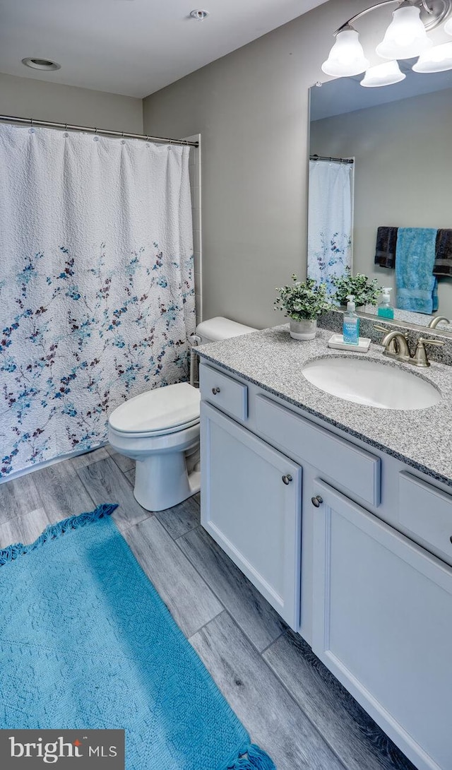 bathroom featuring vanity, wood-type flooring, and toilet