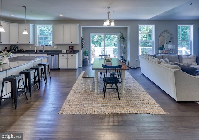 interior space with dark hardwood / wood-style flooring, stainless steel dishwasher, decorative light fixtures, white cabinetry, and a breakfast bar area