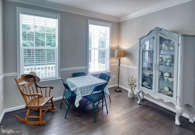 sitting room featuring dark hardwood / wood-style flooring and ornamental molding