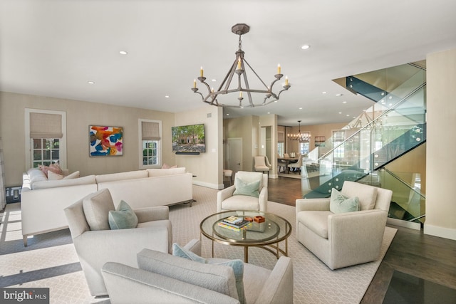 living room with a notable chandelier