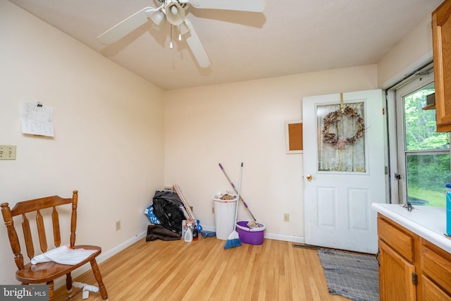 interior space with ceiling fan and light wood-type flooring