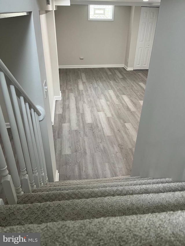 basement with wood-type flooring