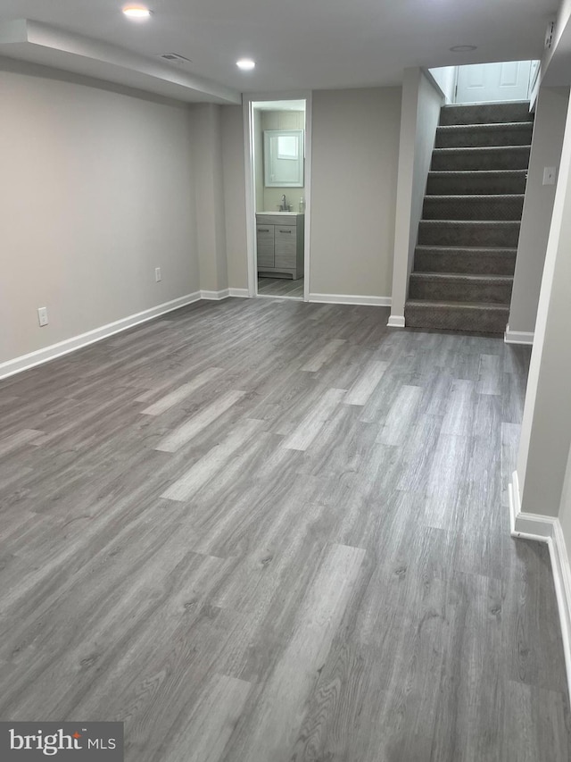 basement with sink and wood-type flooring