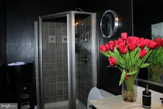 bathroom with vanity, toilet, and walk in shower