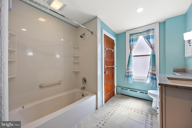 full bathroom featuring shower / bath combination, vanity, baseboard heating, tile patterned flooring, and toilet