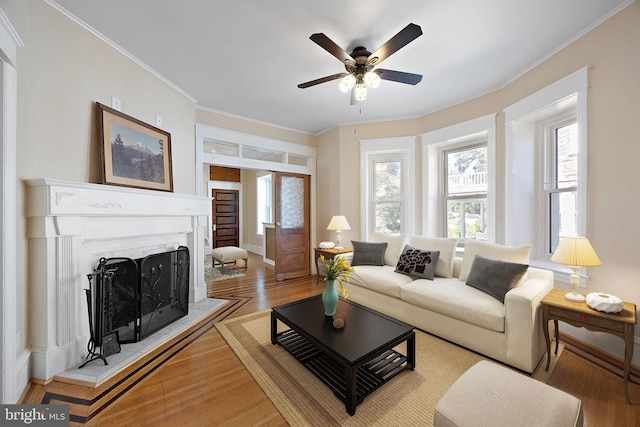 living room with ceiling fan, hardwood / wood-style floors, and ornamental molding