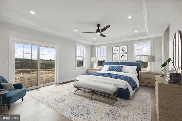 bedroom featuring multiple windows, light wood-type flooring, a tray ceiling, and ceiling fan