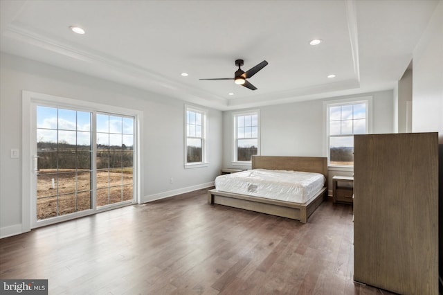 bedroom with a tray ceiling, multiple windows, ceiling fan, and access to outside