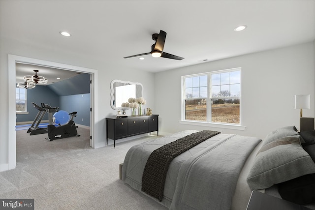 carpeted bedroom featuring ceiling fan