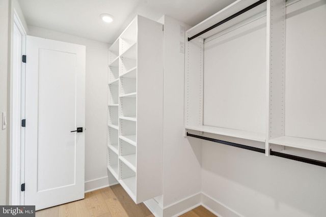 walk in closet with light hardwood / wood-style flooring