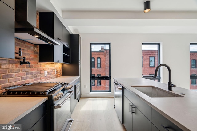 kitchen with a wealth of natural light, sink, wall chimney exhaust hood, and appliances with stainless steel finishes