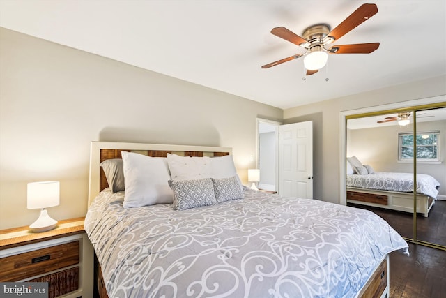 bedroom featuring a closet, a ceiling fan, and dark wood-style floors