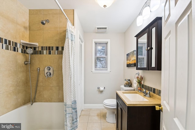 full bath featuring toilet, visible vents, tile patterned floors, and curtained shower