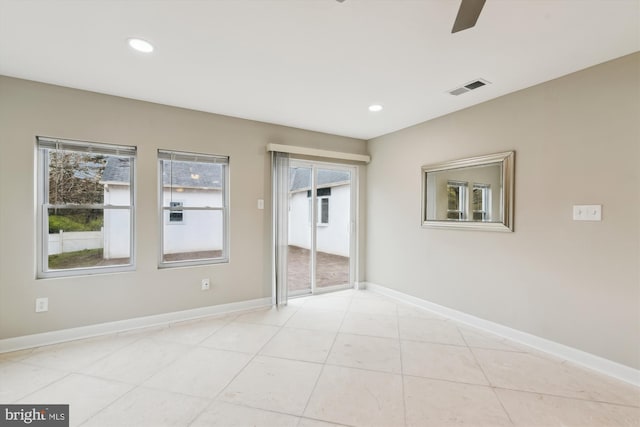 unfurnished bedroom featuring access to outside, baseboards, recessed lighting, visible vents, and ceiling fan