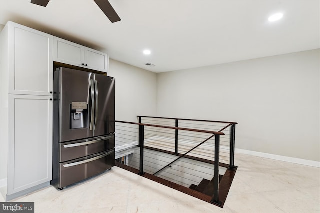 kitchen with visible vents, baseboards, stainless steel fridge, ceiling fan, and recessed lighting