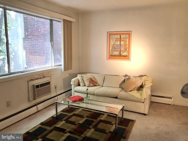 living room featuring an AC wall unit, light carpet, and a baseboard heating unit