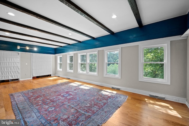 unfurnished living room featuring beamed ceiling and light hardwood / wood-style floors